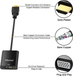Moread Gold-Plated Active HDMI To VGA Adapter (Male To Female) With Micro USB Power Cable & 3.5mm Audio Cable -Electronics Store Gold Plated Active HDMI to VGA Adapter 2