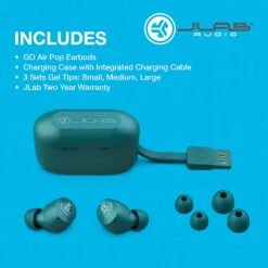 JLab Go Air Pop True Wireless Bluetooth Earbuds With Charging Case – Teal -Electronics Store JLab Go Air Pop True Wireless Bluetooth Earbuds with Charging Case Teal