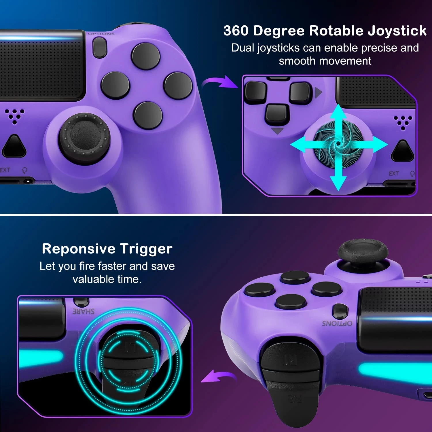 PS4 Aftermarket Wireless Controller Purple 6 PS4 Aftermarket Wireless Controller Purple - Image 4