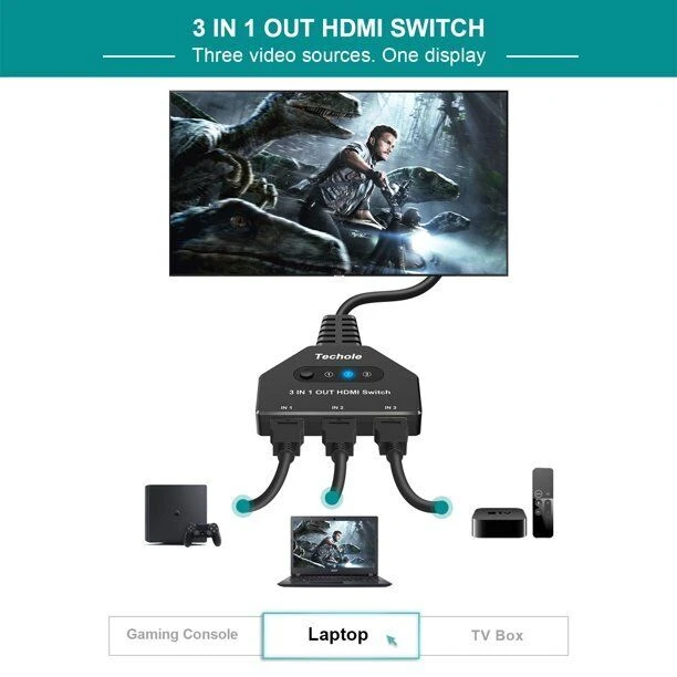 Techole 4K HDMI Switch – 3 In 1 Out With HDMI Cable – 3-Port HDMI 4 Techole 4K HDMI Switch – 3 In 1 Out With HDMI Cable – 3-Port HDMI - Image 2
