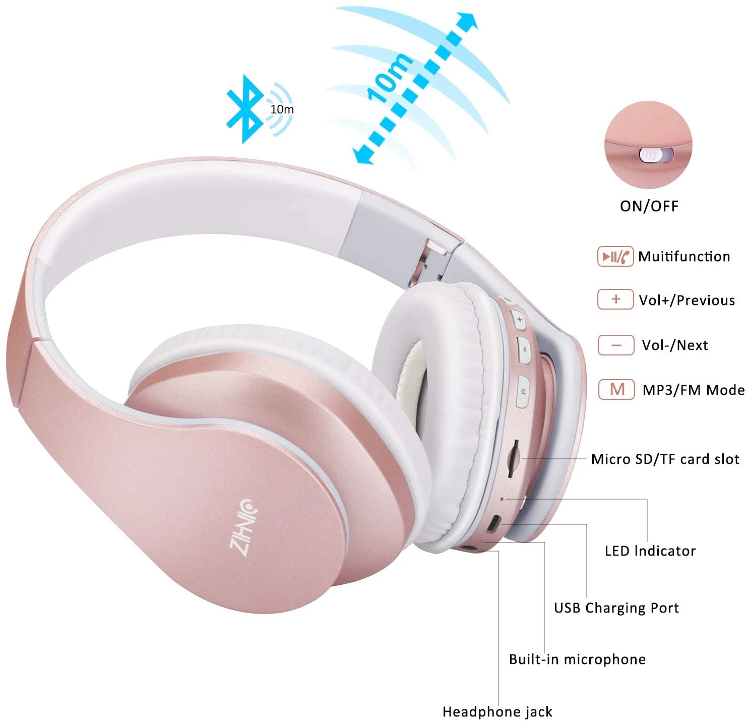 Zihnic Bluetooth Headphones Over-Ear Foldable Wireless And Wired Stereo Headset – Rose Gold 7 Zihnic Bluetooth Headphones Over-Ear Foldable Wireless And Wired Stereo Headset – Rose Gold - Image 5